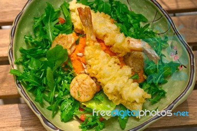 Fresh Japanese Tempura Shrimps With Salad Stock Photo