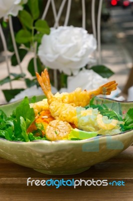 Fresh Japanese Tempura Shrimps With Salad Stock Photo