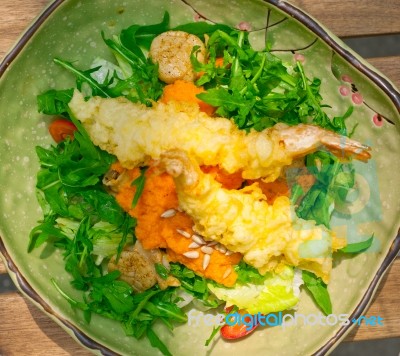 Fresh Japanese Tempura Shrimps With Salad Stock Photo