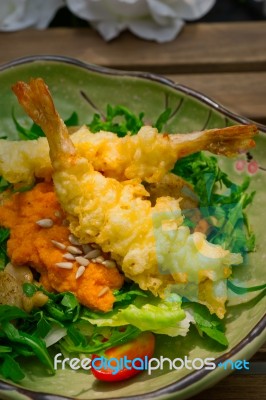 Fresh Japanese Tempura Shrimps With Salad Stock Photo