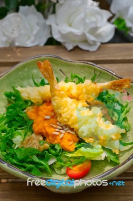 Fresh Japanese Tempura Shrimps With Salad Stock Photo