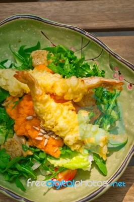 Fresh Japanese Tempura Shrimps With Salad Stock Photo