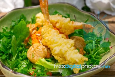 Fresh Japanese Tempura Shrimps With Salad Stock Photo