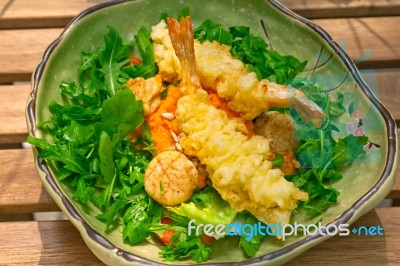 Fresh Japanese Tempura Shrimps With Salad Stock Photo