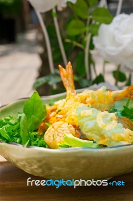 Fresh Japanese Tempura Shrimps With Salad Stock Photo