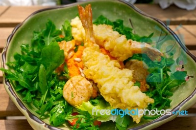 Fresh Japanese Tempura Shrimps With Salad Stock Photo