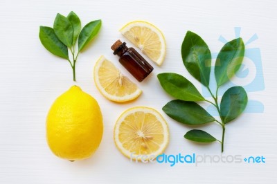 Fresh Lemon With Lemon Essential Oil Stock Photo