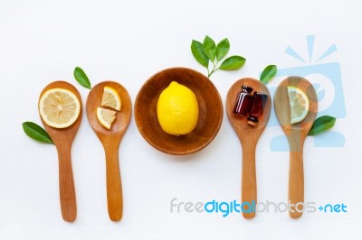 Fresh Lemon With Lemon Essential Oil Stock Photo