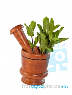 Fresh Mint Herb In Wooden Mortar With Pestle Stock Photo