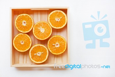 Fresh Orange Citrus Fruit In Wooden Box Stock Photo