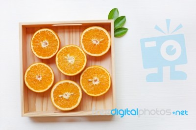 Fresh Orange Citrus Fruit In Wooden Box Stock Photo