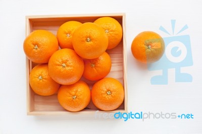 Fresh Orange Citrus Fruit In Wooden Box Stock Photo