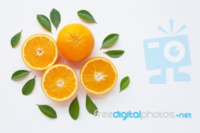 Fresh Orange Citrus Fruit With Leaves Isolated On White Backgrou… Stock Photo