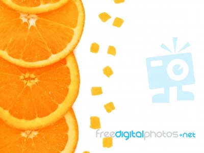 Fresh Orange Slice And Small Pieces On White Background, With Co… Stock Photo