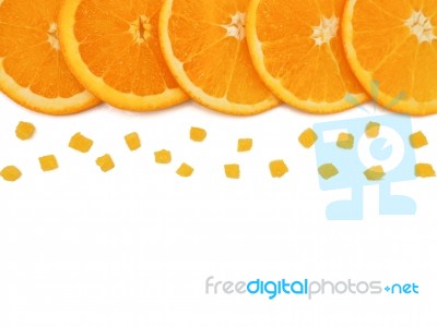 Fresh Orange Slice And Small Pieces On White Background, With Co… Stock Photo