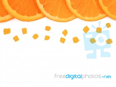 Fresh Orange Slice And Small Pieces On White Background, With Co… Stock Photo