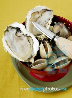 Fresh Oyster With A Oyster Knife Stock Photo