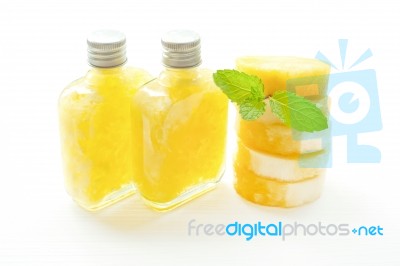 Fresh Pineapple  Juice On White, Healthy Vitamin Drink Stock Photo