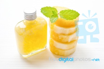 Fresh Pineapple  Juice On White, Healthy Vitamin Drink Stock Photo