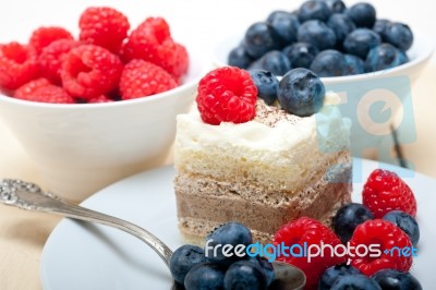 Fresh Raspberry And Blueberry Cake Stock Photo