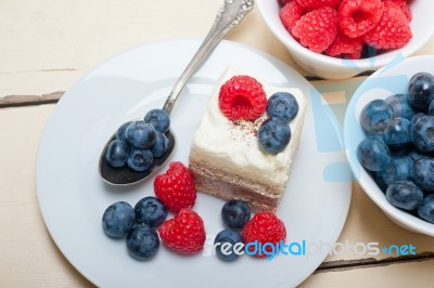 Fresh Raspberry And Blueberry Cake Stock Photo