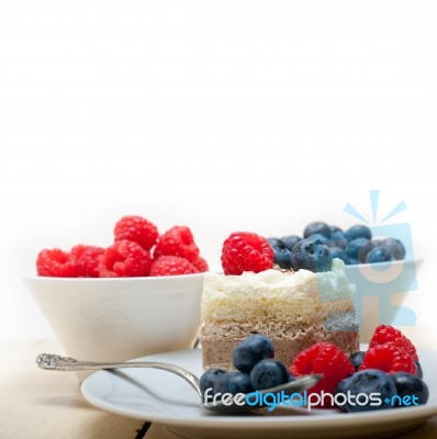 Fresh Raspberry And Blueberry Cake Stock Photo