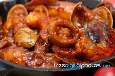 Fresh Seafoos Stew On An Iron Skillet Stock Photo