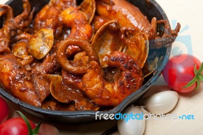 Fresh Seafoos Stew On An Iron Skillet Stock Photo