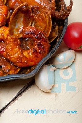 Fresh Seafoos Stew On An Iron Skillet Stock Photo