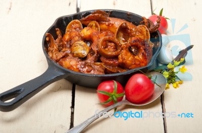 Fresh Seafoos Stew On An Iron Skillet Stock Photo