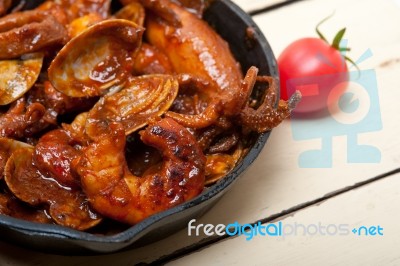 Fresh Seafoos Stew On An Iron Skillet Stock Photo