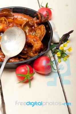 Fresh Seafoos Stew On An Iron Skillet Stock Photo