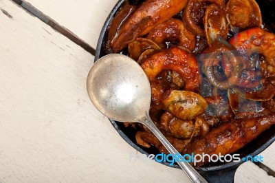 Fresh Seafoos Stew On An Iron Skillet Stock Photo