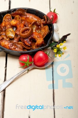 Fresh Seafoos Stew On An Iron Skillet Stock Photo