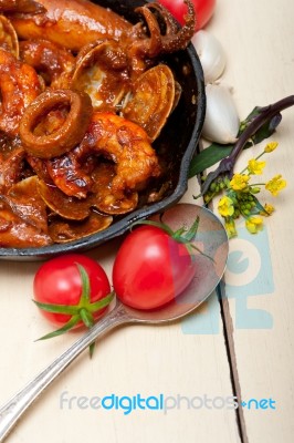 Fresh Seafoos Stew On An Iron Skillet Stock Photo