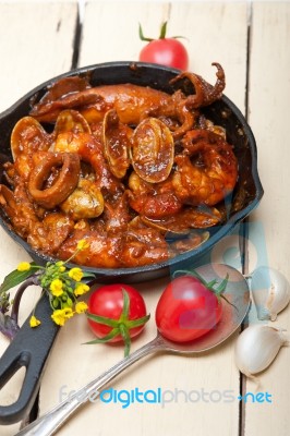 Fresh Seafoos Stew On An Iron Skillet Stock Photo