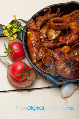 Fresh Seafoos Stew On An Iron Skillet Stock Photo