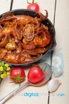 Fresh Seafoos Stew On An Iron Skillet Stock Photo