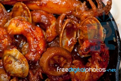 Fresh Seafoos Stew On An Iron Skillet Stock Photo