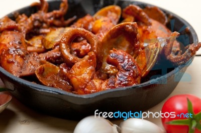 Fresh Seafoos Stew On An Iron Skillet Stock Photo