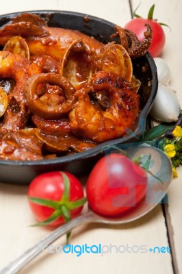 Fresh Seafoos Stew On An Iron Skillet Stock Photo