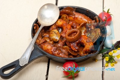 Fresh Seafoos Stew On An Iron Skillet Stock Photo