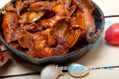 Fresh Seafoos Stew On An Iron Skillet Stock Photo