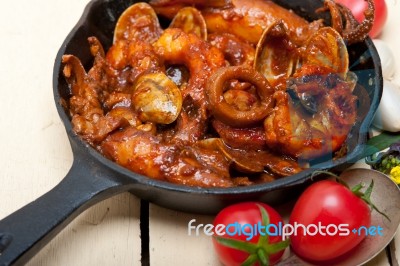 Fresh Seafoos Stew On An Iron Skillet Stock Photo