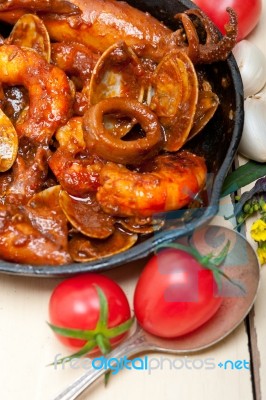 Fresh Seafoos Stew On An Iron Skillet Stock Photo