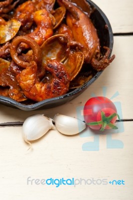 Fresh Seafoos Stew On An Iron Skillet Stock Photo