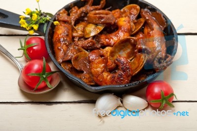 Fresh Seafoos Stew On An Iron Skillet Stock Photo