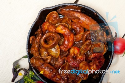 Fresh Seafoos Stew On An Iron Skillet Stock Photo