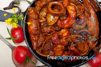 Fresh Seafoos Stew On An Iron Skillet Stock Photo