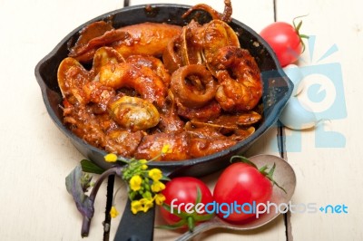 Fresh Seafoos Stew On An Iron Skillet Stock Photo